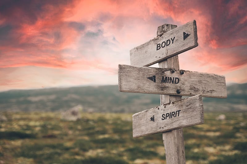 signs on a pole pointing to body, mind and spirit